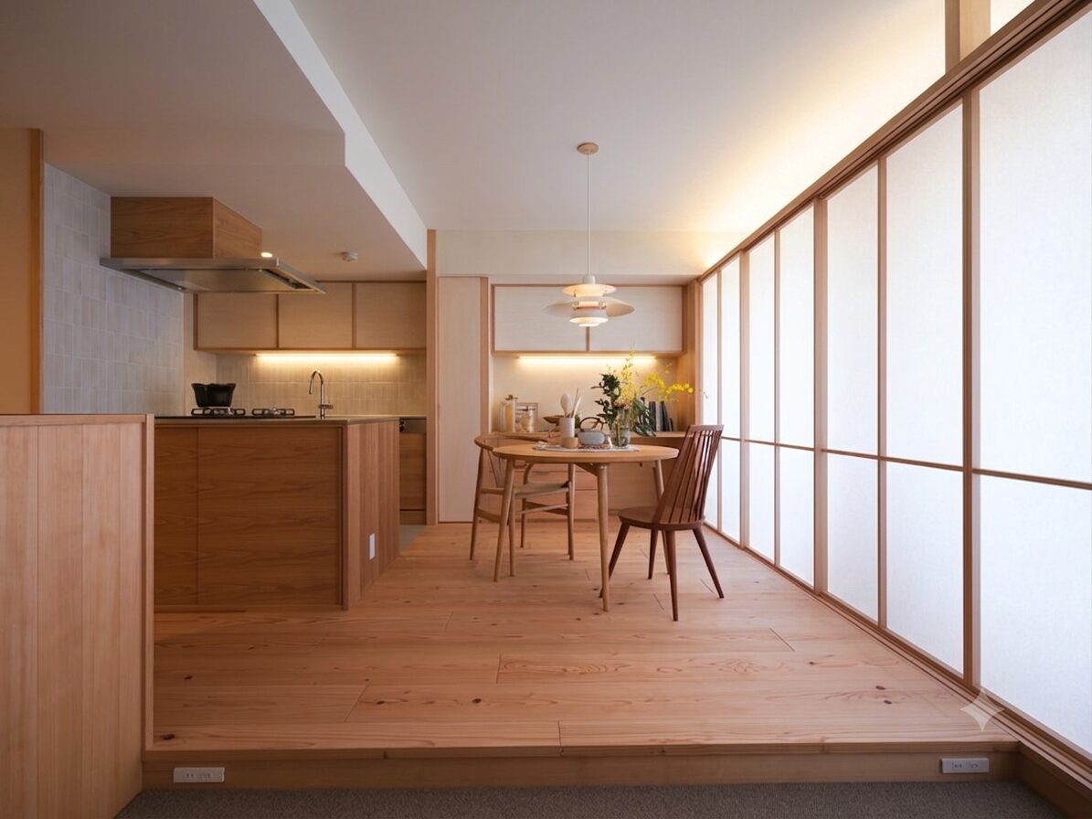 木のマンションリノベーション 大阪市阿倍野区 吉野杉の床のリビング